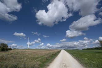 Franconian landscape with windmill and clouds, Upper Franconia, Bavaria, Germany