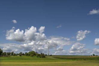 Wind turbine in Franconian landscape, cloudy sky, Karsberg, Upper Franconia, Bavaria, Germany