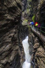 Breitach flows through gorge, stream, Schrattenkalk, visitors on footbridge, hiking trail,