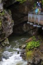 Breitach flows through gorge, stream, Schrattenkalk, visitors on footbridge, Breitachklamm,