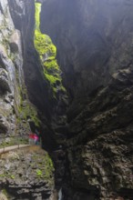 Breitach flows through gorge, stream, Schrattenkalk, visitors on footbridge, hiking trail,