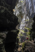 Breitach flows through gorge, stream, Schrattenkalk, visitors on footbridge, hiking trail,