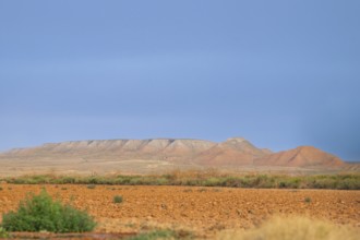 Landscape of fields and mountains in the dessert, Belchite, Aragon, Saragossa, Spain