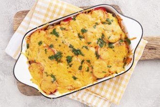 Madame Bovary's Georgian dish, chicken fillet with mushrooms, tomatoes and cheese, baked in a mold