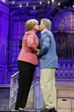 Christoph Marti (Merkel) and Tobias Bonn (Joachim Sauer) at the photo rehearsal for Miss Merkel -