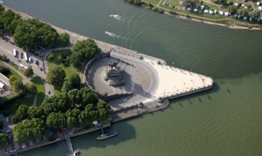 Aerial view, Rhine, Moselle, Deutsches Eck, with monument Kaiser Wilhelm, Koblenz,
