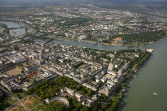Aerial view, Rhine, Moselle, Deutsches Eck, with monument Kaiser Wilhelm, Koblenz,