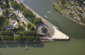 Aerial view, Rhine, Moselle, Deutsches Eck, with monument Kaiser Wilhelm, Koblenz,