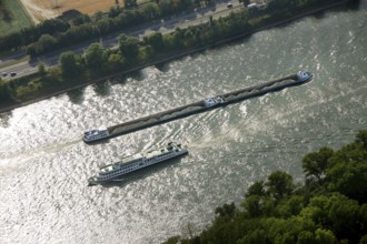 Aerial view, Rhine, cargo ship, inland navigation, passenger ship, excursion steamer, Koblenz,