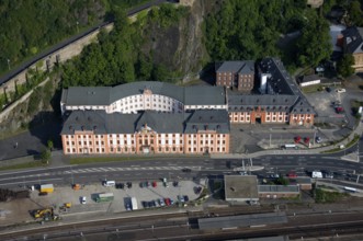 Aerial view, Rhine, Castle below Ehrenbreitstein Fortress, Koblenz, Rhineland-Palatinate, Germany,