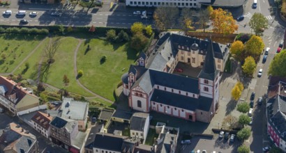 Aerial view, Church of St Peter, late Romanesque basilica with three naves, Merzig, Saarland,