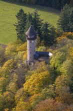 Aerial view, Wildenburg castle ruins in the Wildenburg nature reserve near Kempfeld in the Idarwald
