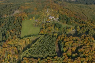 Aerial view, Wildenburg castle ruins in the Wildenburg nature reserve near Kempfeld in the Idarwald