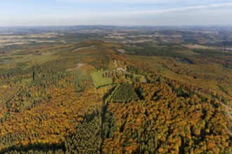 Aerial view, Wildenburg castle ruins in the Wildenburg nature reserve near Kempfeld in the Idarwald