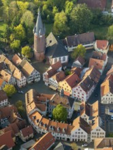 Old Town with half-timbered houses, Old Tower, Ottweiler, Saarland, Germany, Europe, aerial view,