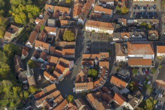 Old Town with half-timbered houses, Old Tower, Ottweiler, Saarland, Germany, Europe, aerial view,