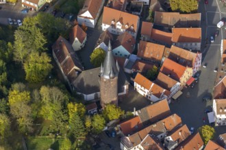 Old Town with half-timbered houses, Old Tower, Ottweiler, Saarland, Germany, Europe, aerial view,