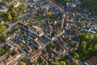 Old Town with half-timbered houses, Old Tower, Ottweiler, Saarland, Germany, Europe, aerial view,