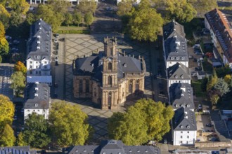 Baroque Ludwigskirche, Ludwigsplatz, Saarbrücken, Saarland, Germany, Europe, aerial view,