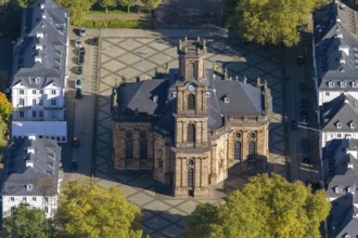Baroque Ludwigskirche, Ludwigsplatz, Saarbrücken, Saarland, Germany, Europe, aerial view,