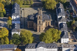 Baroque Ludwigskirche, Ludwigsplatz, Saarbrücken, Saarland, Germany, Europe, aerial view,