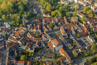 Old Town with half-timbered houses, Old Tower, Ottweiler, Saarland, Germany, Europe, aerial view,
