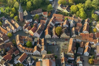 Old Town with half-timbered houses, Old Tower, Ottweiler, Saarland, Germany, Europe, aerial view,