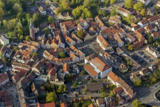 Old Town with half-timbered houses, Old Tower, Ottweiler, Saarland, Germany, Europe, aerial view,