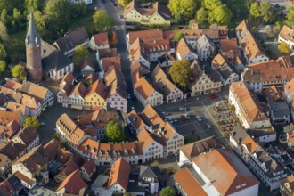 Old Town with half-timbered houses, Old Tower, Ottweiler, Saarland, Germany, Europe, aerial view,