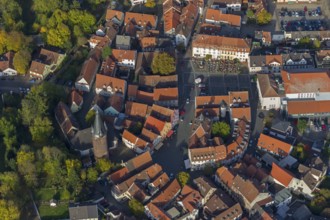 Old Town with half-timbered houses, Old Tower, Ottweiler, Saarland, Germany, Europe, aerial view,