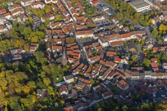 Old Town with half-timbered houses, Old Tower, Ottweiler, Saarland, Germany, Europe, aerial view,
