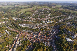 Old Town with half-timbered houses, Old Tower, Ottweiler, Saarland, Germany, Europe, aerial view,