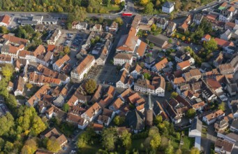 Old Town with half-timbered houses, Old Tower, Ottweiler, Saarland, Germany, Europe, aerial view,