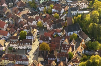 Old Town with half-timbered houses, Old Tower, Ottweiler, Saarland, Germany, Europe, aerial view,