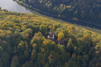 Aerial photo, Montclair Castle, castle tower, at the Saarschleife Mettlach, Taben-Rodt, Saarland,