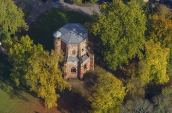Aerial view, old tower, oldest sacral building in Saarland, Mettlach, Saarland, Germany, Europe,