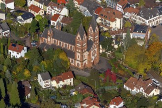 Aerial photo, parish church of St Lutwinus, Mettlach, Saarland, Germany, Europe, birds-eyes view,