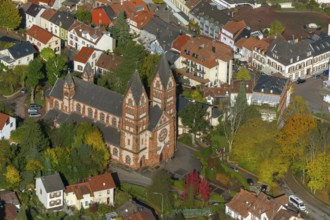 Aerial photo, parish church of St Lutwinus, Mettlach, Saarland, Germany, Europe, birds-eyes view,