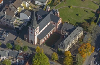 Aerial view, Church of St Peter, late Romanesque basilica with three naves, Merzig, Saarland,