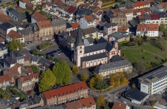 Aerial view, Church of St Peter, late Romanesque basilica with three naves, Merzig, Saarland,