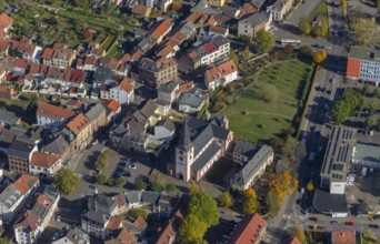 Aerial view, Church of St Peter, late Romanesque basilica with three naves, Merzig, Saarland,
