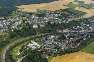 Runkel Castle with Lahn and Lahn bridge, ruins of a medieval hilltop castle in the town of Runkel,