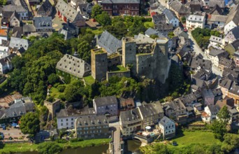 Runkel Castle with Lahn and Lahn bridge, ruins of a medieval hilltop castle in the town of Runkel,