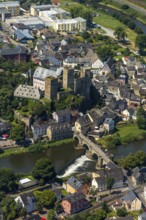 Runkel Castle with Lahn and Lahn bridge, ruins of a medieval hilltop castle in the town of Runkel,