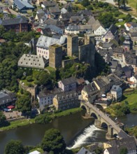 Runkel Castle with Lahn and Lahn bridge, ruins of a medieval hilltop castle in the town of Runkel,