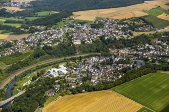 Runkel Castle with Lahn and Lahn bridge, ruins of a medieval hilltop castle in the town of Runkel,