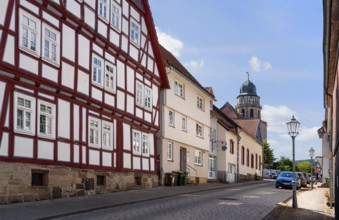 Half-timbered house facade, Protestant Church, Evangelische Stadtkirche, Zierenberg, district of