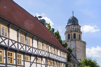 Half-timbered house facade, Protestant Church, Evangelische Stadtkirche, Zierenberg, district of
