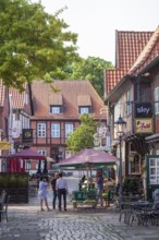 Historic half-timbered houses in the Lämmertwiete with catering in Harburg's old town, Harburg,