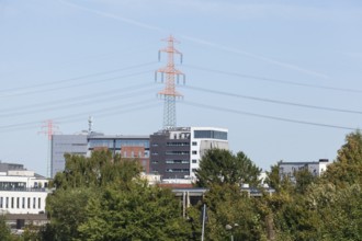 Office building and electricity pylons at Harburg harbour, Harburg, Hamburg, Germany